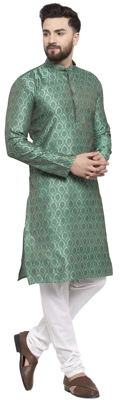 Jacquard Silk Men's Kurta Pyjama Party Wear India Apparel (Green)