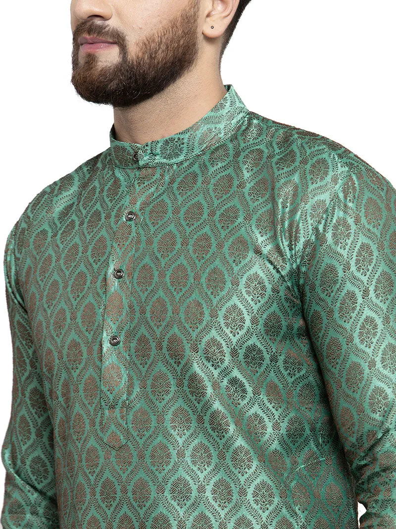 Jacquard Silk Men's Kurta Pyjama Party Wear India Apparel (Green)