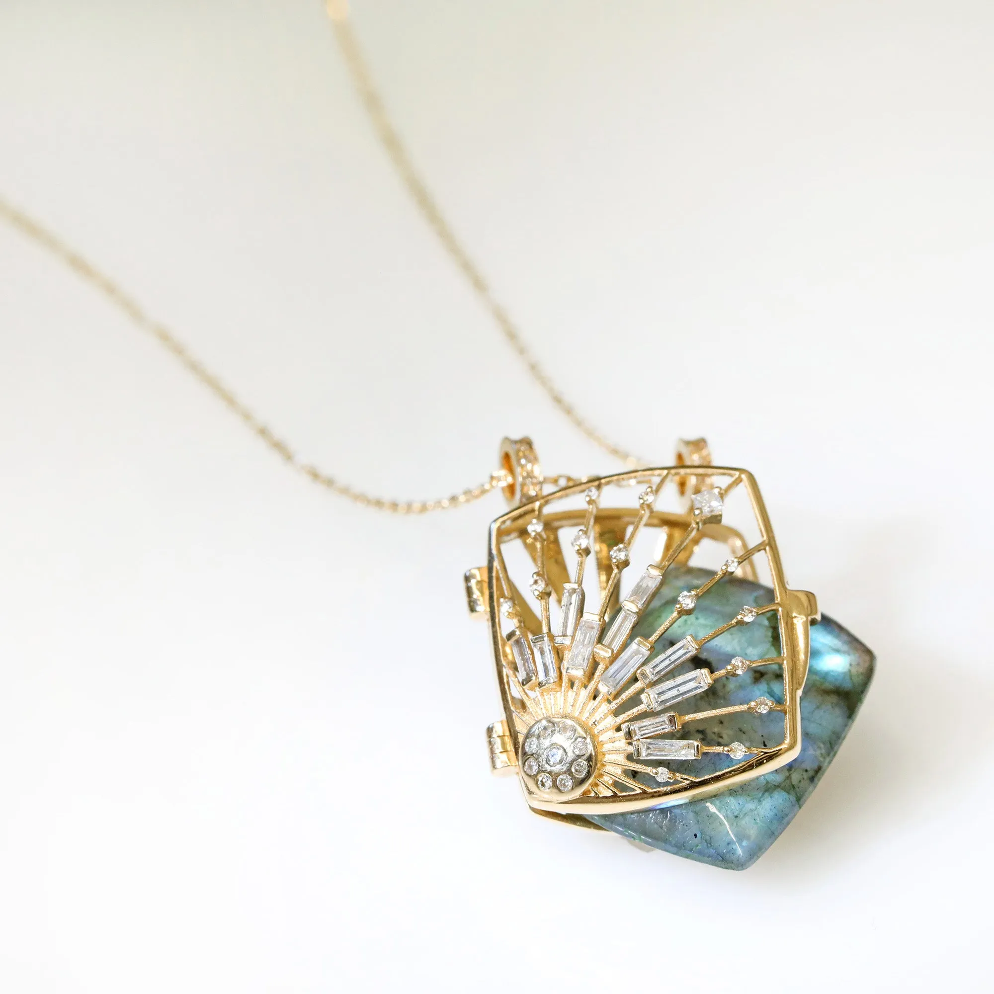 Labradorite Sun and Diamond Locket Necklace