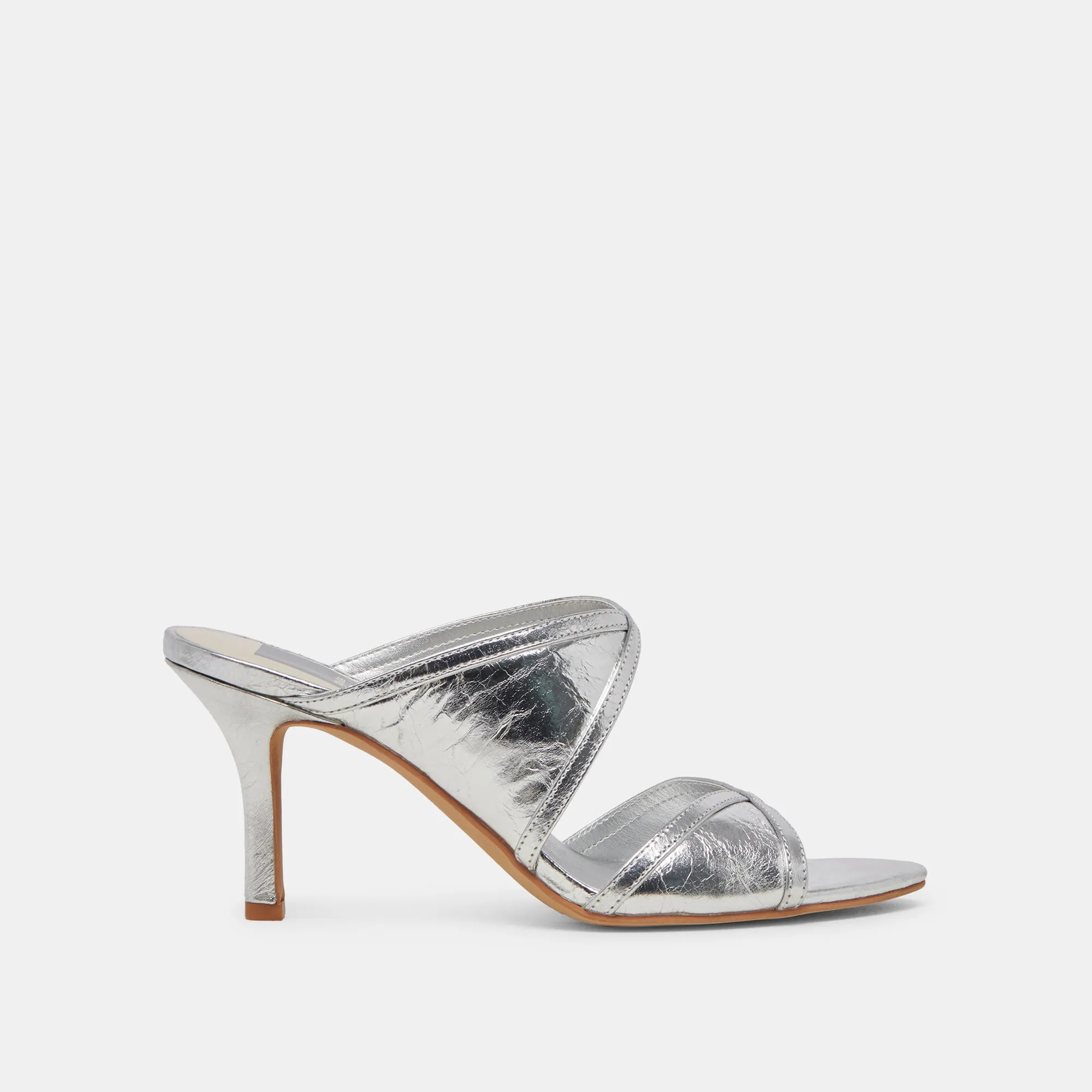 MANDEL HEELS SILVER CRINKLE PATENT