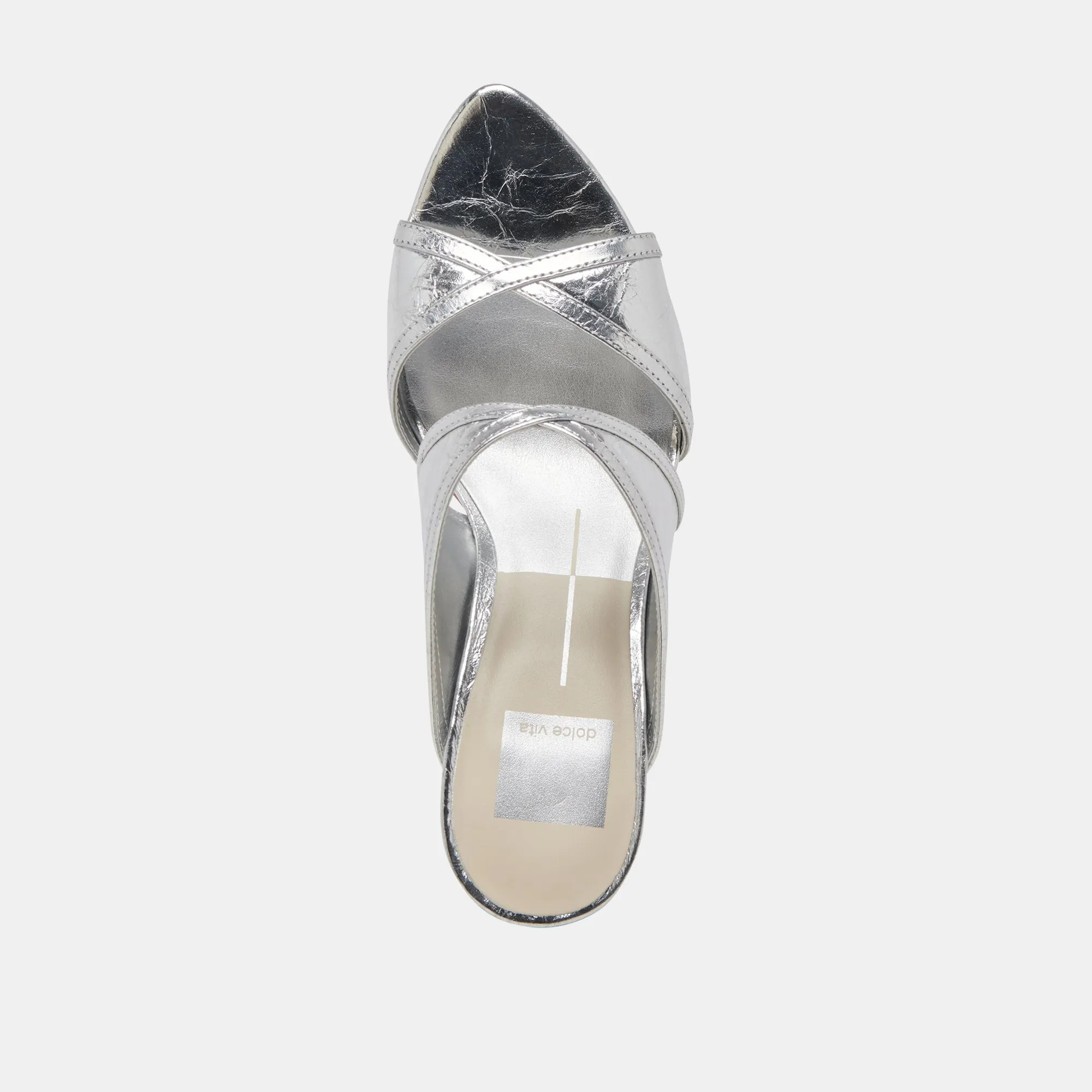 MANDEL HEELS SILVER CRINKLE PATENT