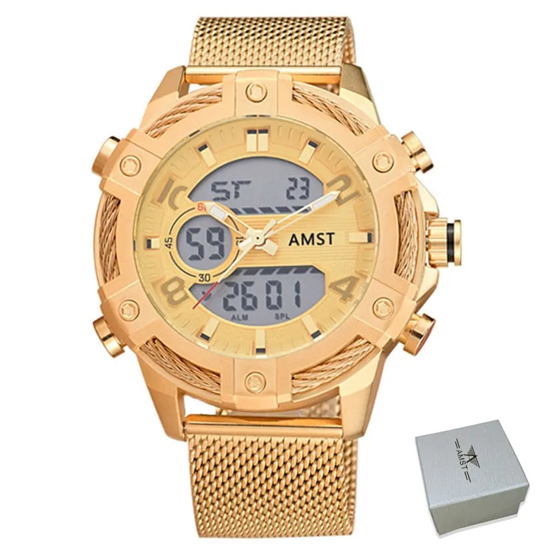 Men's Luxury Casual Golden Digital LED Military Quartz Dual Display Watches