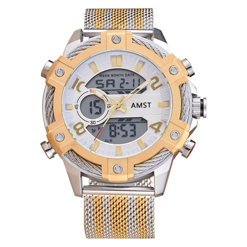 Men's Luxury Casual Golden Digital LED Military Quartz Dual Display Watches