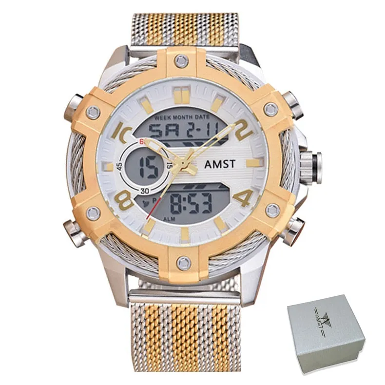 Men's Luxury Casual Golden Digital LED Military Quartz Dual Display Watches