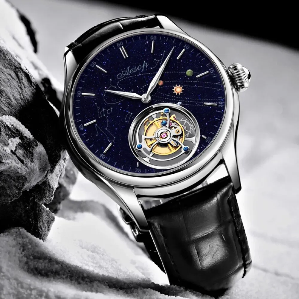 Men's Luxury Skeleton Starry Sky Goldstone Dial Waterproof Tourbillon Watch