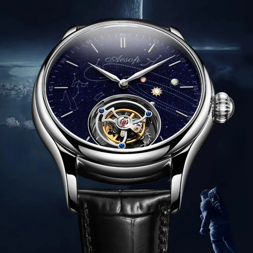 Men's Luxury Skeleton Starry Sky Goldstone Dial Waterproof Tourbillon Watch