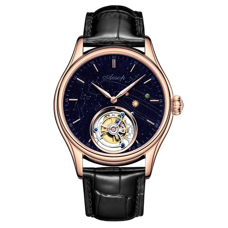 Men's Luxury Skeleton Starry Sky Goldstone Dial Waterproof Tourbillon Watch