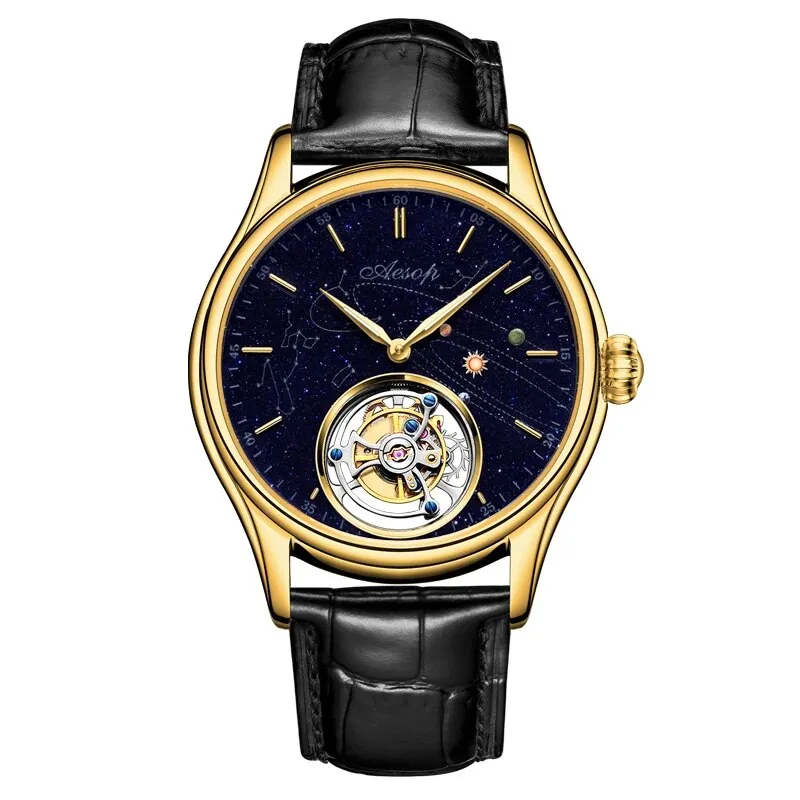 Men's Luxury Skeleton Starry Sky Goldstone Dial Waterproof Tourbillon Watch