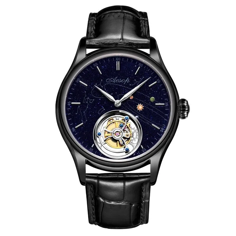 Men's Luxury Skeleton Starry Sky Goldstone Dial Waterproof Tourbillon Watch