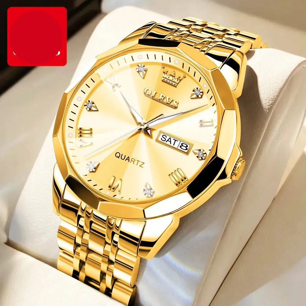 Men‘s Watches Gold Original Quartz Wristwatch Waterproof Luminous