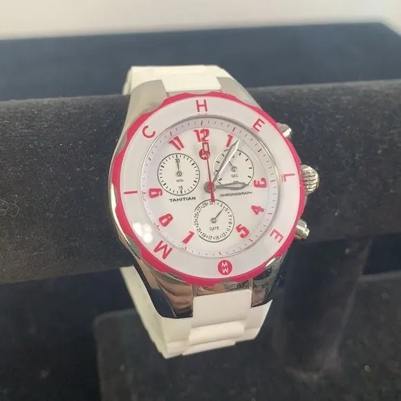 Michele White Watch with Rubber Band and Pink Detail