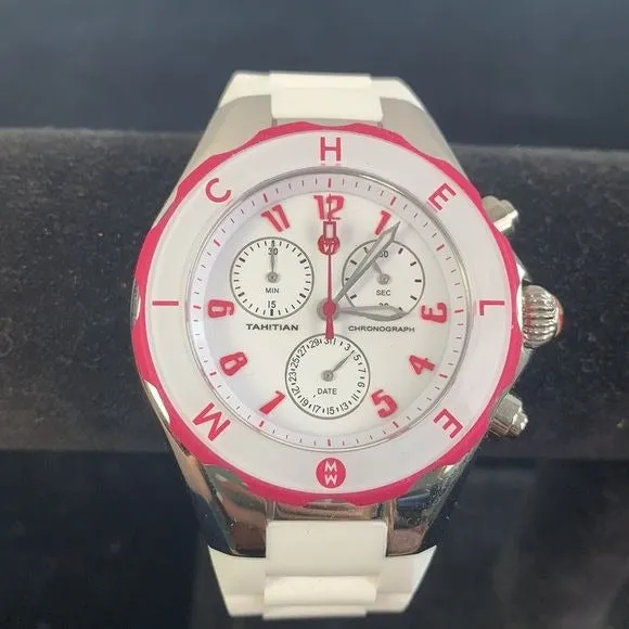 Michele White Watch with Rubber Band and Pink Detail