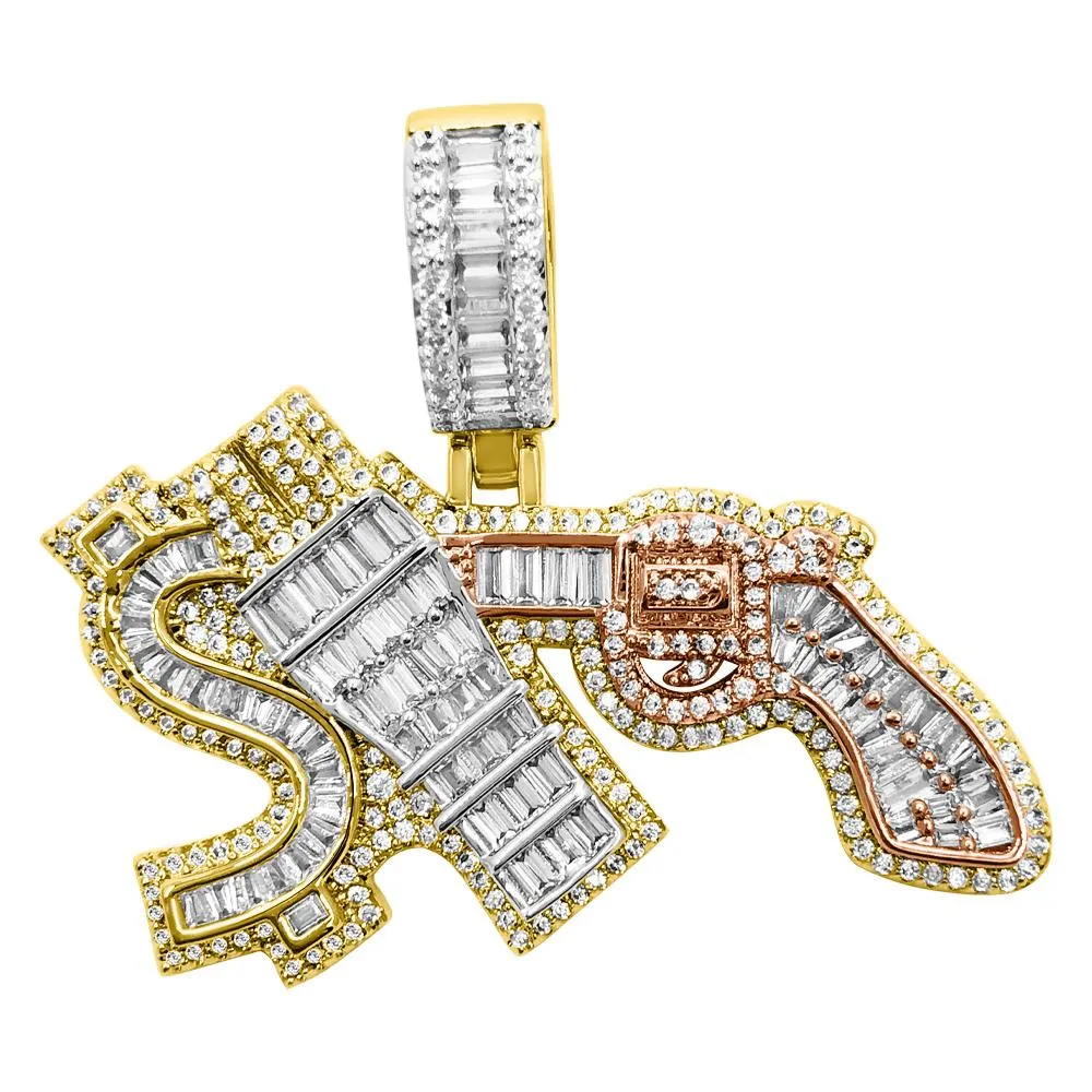 Money Power Respect 3 Tone Baguette VVS CZ Iced Out Pendant