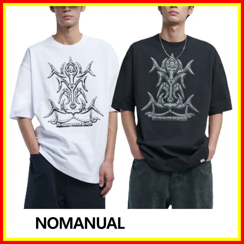 NOMANUAL  |Street Style U-Neck Plain Cotton Short Sleeves Logo T-Shirts