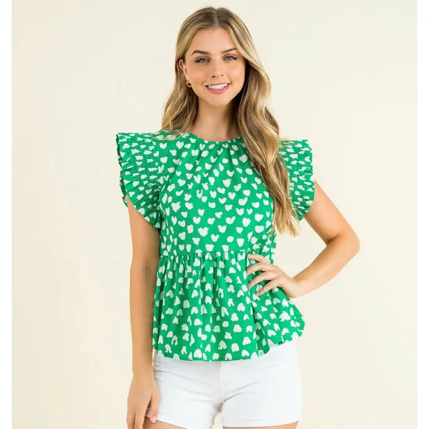 Penny Green Printed Flutter Sleeve THML Top-SALE