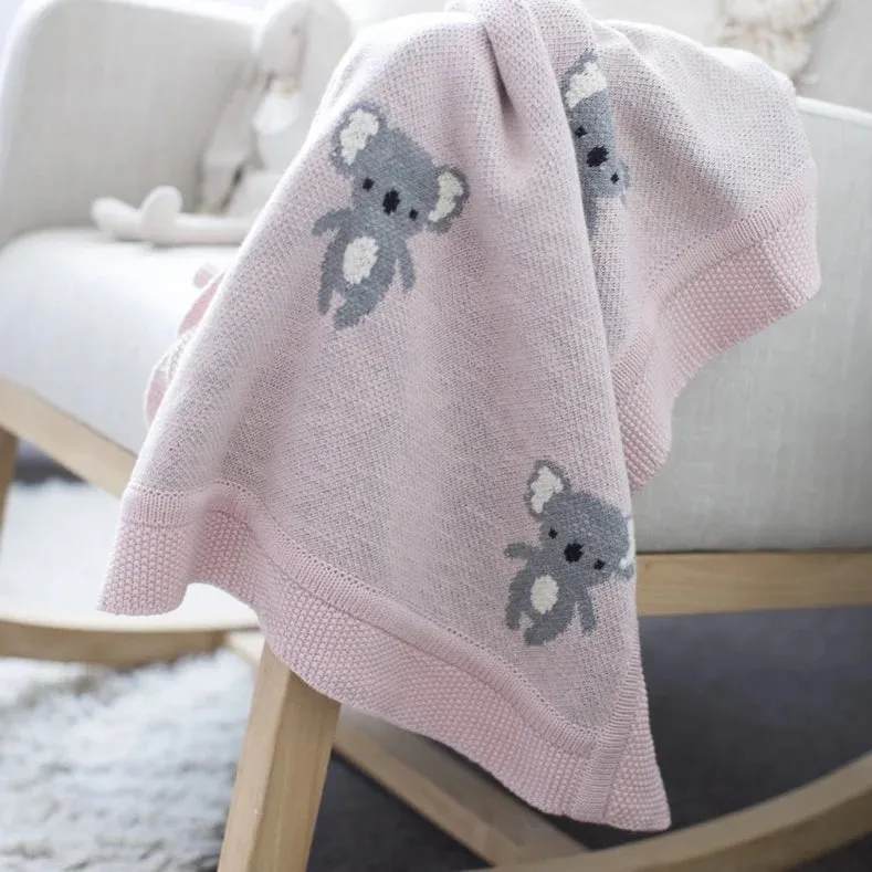 Pink Koala Organic Cotton Alimrose Baby Blanket with bonus Emma Heart Rattle