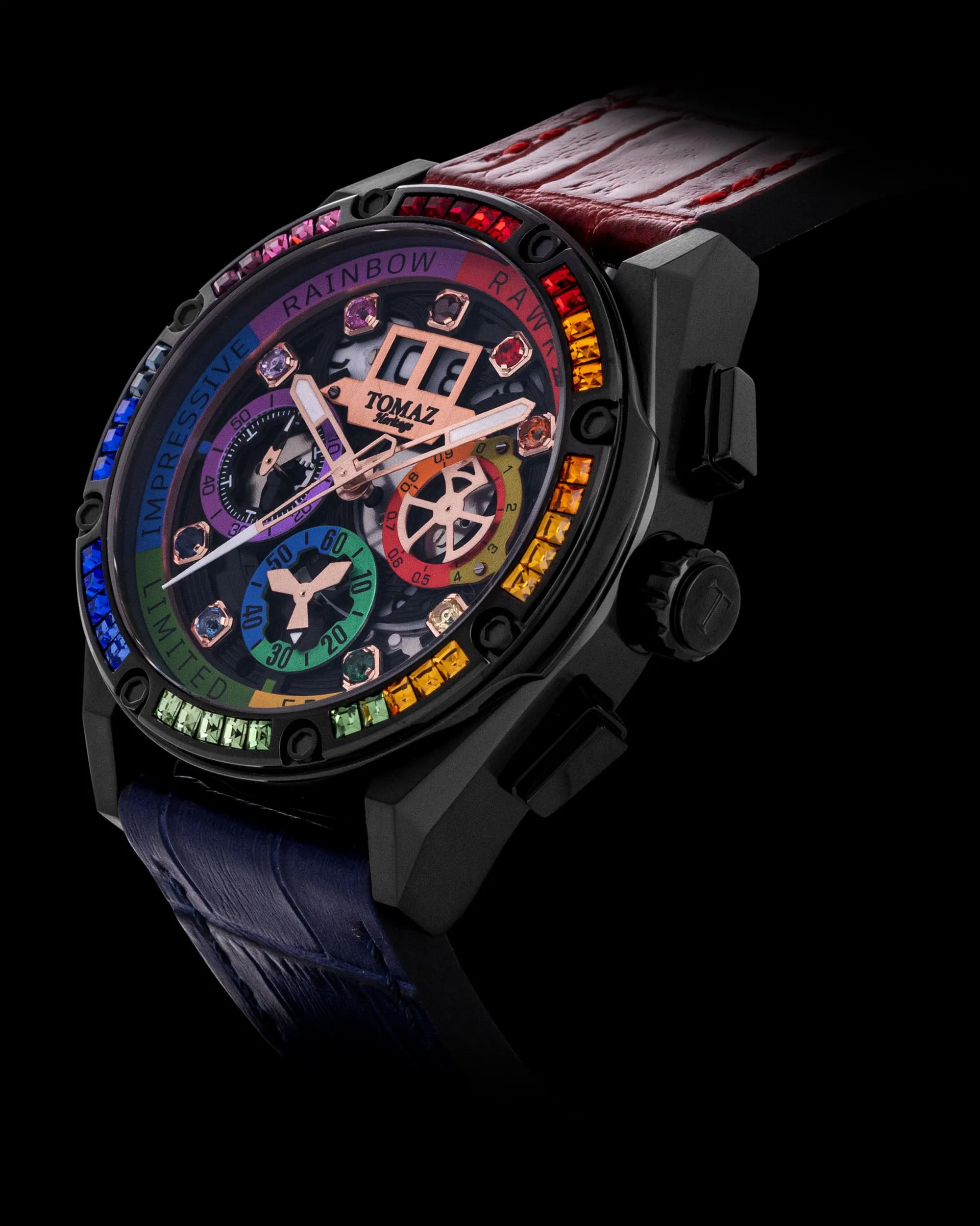 RAWR III TW024I-D2 (Black) with Rainbow Swarovski (Blue Bamboo Leather Strap)