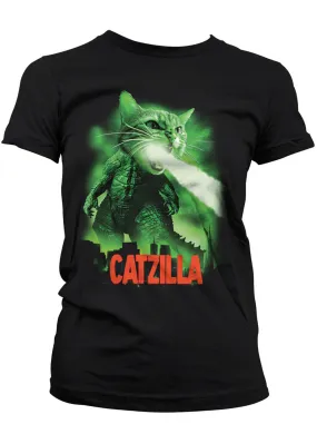 Retro Movies Catzilla Girly T-Shirt Black