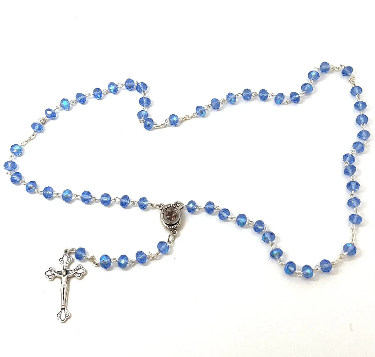 Rosary,  Blue Crystal Beads, 21.8, Metal Chain, Bethlehem Handmade