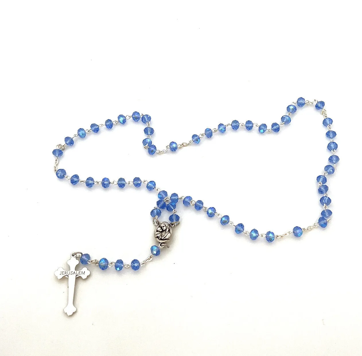 Rosary,  Blue Crystal Beads, 21.8, Metal Chain, Bethlehem Handmade