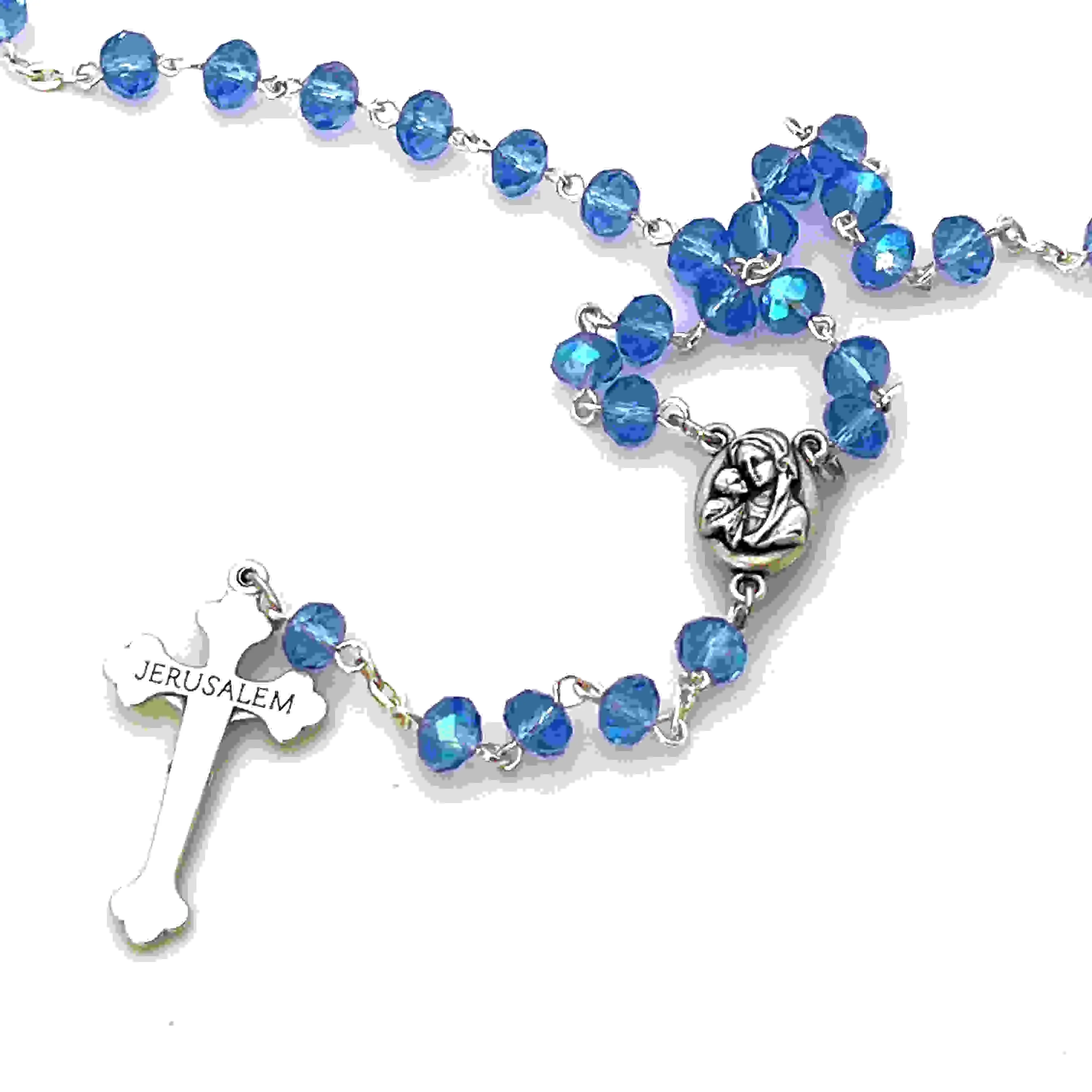 Rosary,  Blue Crystal Beads, 21.8, Metal Chain, Bethlehem Handmade