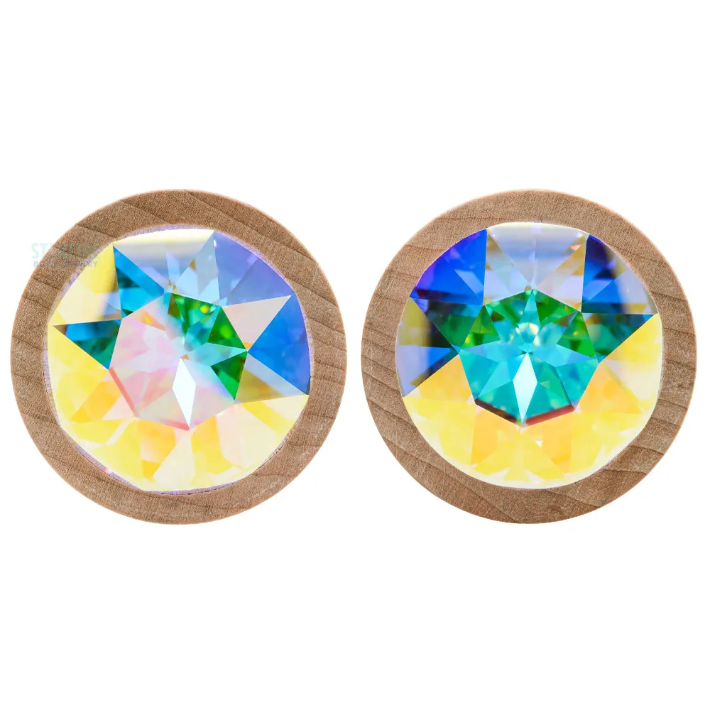 Round Swarovski Plugs in Maple Wood - Crystal AB