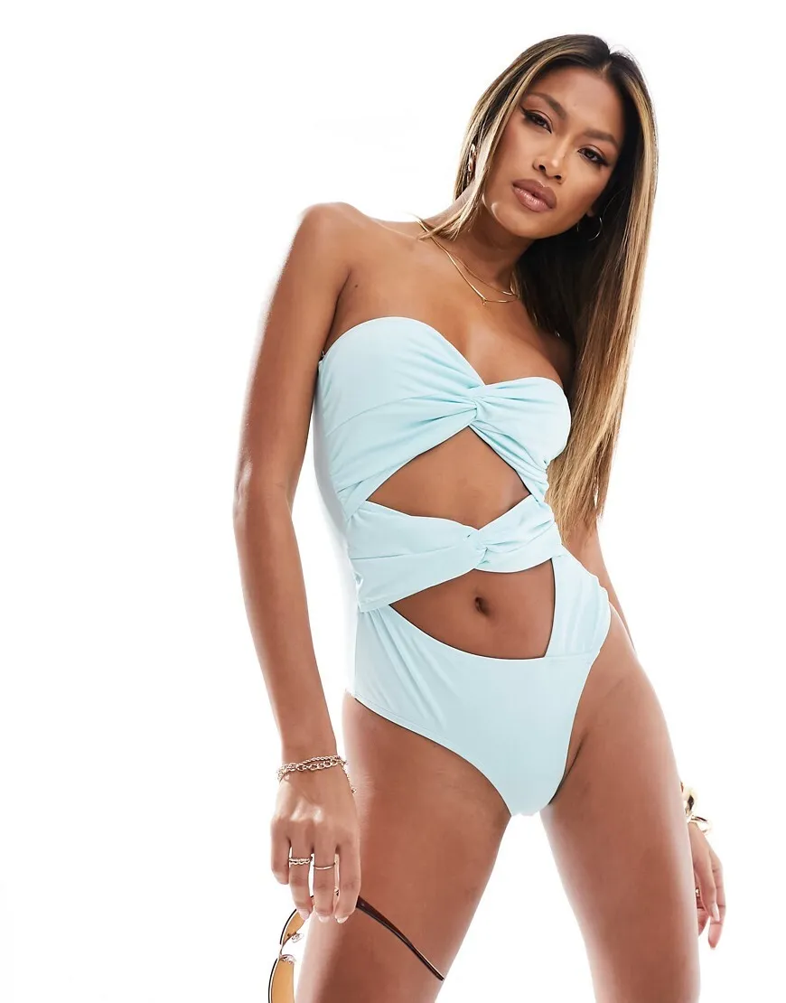 Simmi Clothing Simmi knot detail cut out bandeau swimsuit co-ord in baby blue