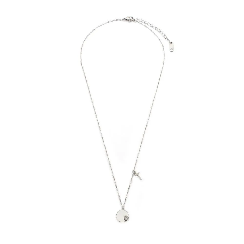 Stainless Steel Necklace Disc with Crystal