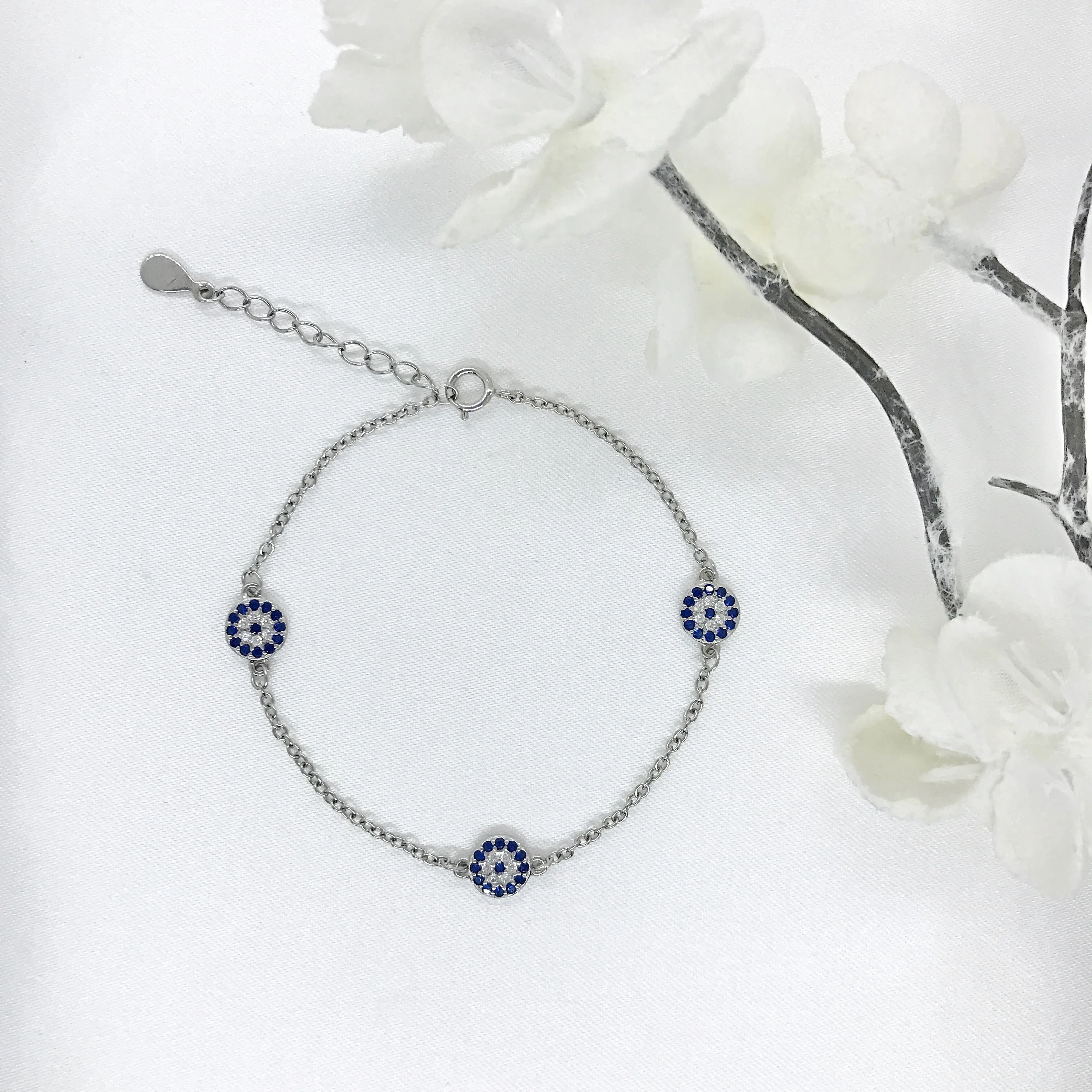 Sterling Silver 3 Evil Eye Bracelet