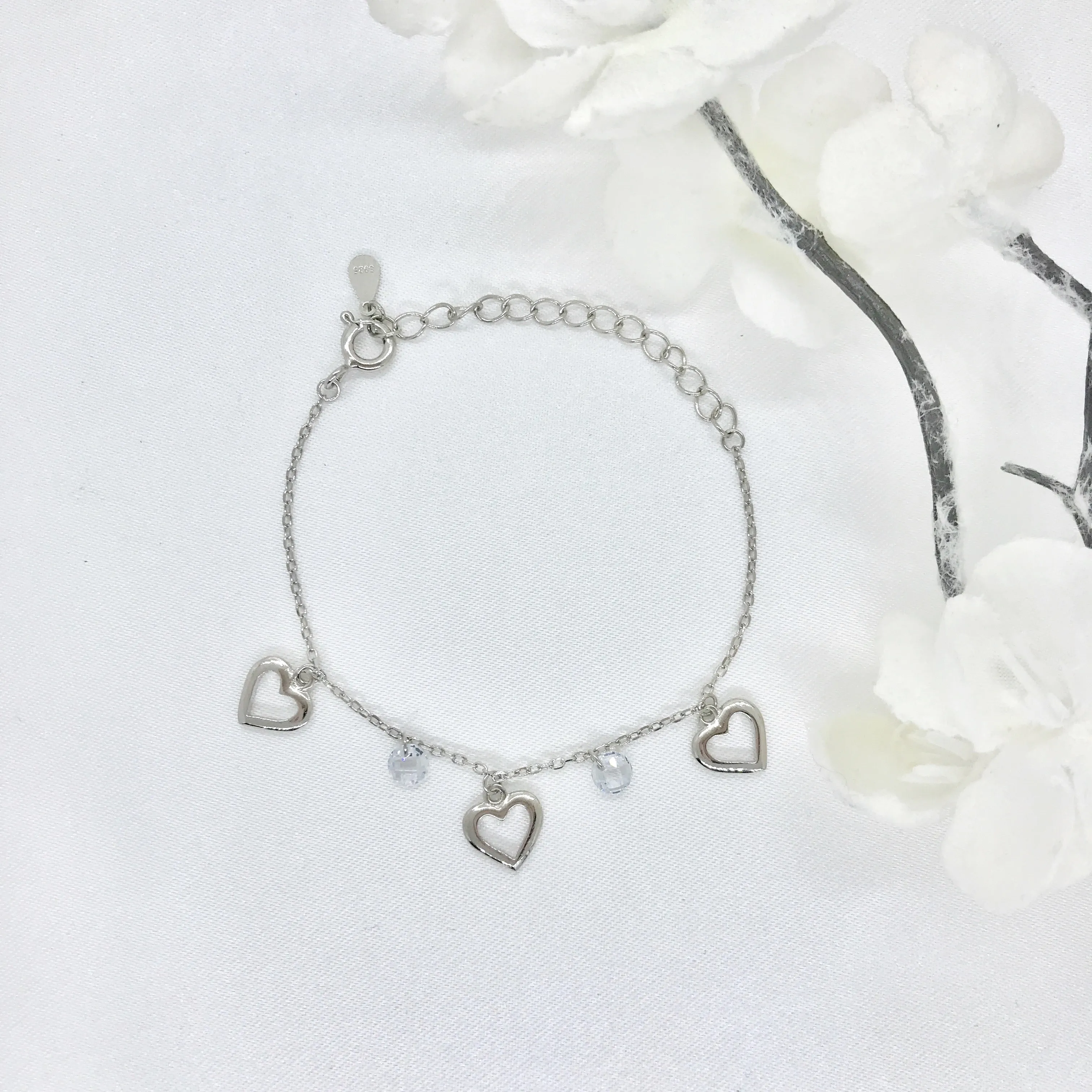 Sterling Silver Children's Dangling Hearts and CZ Bracelet