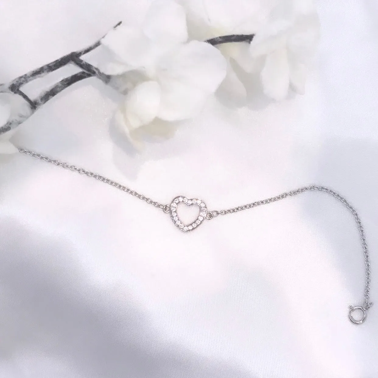 Sterling Silver Open Heart with CZ Bracelet