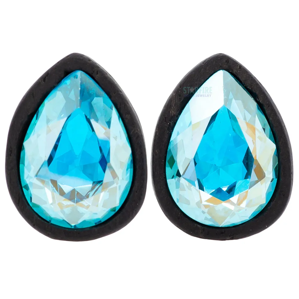 Teardrop Swarovski Plugs in Wood - Aqua AB