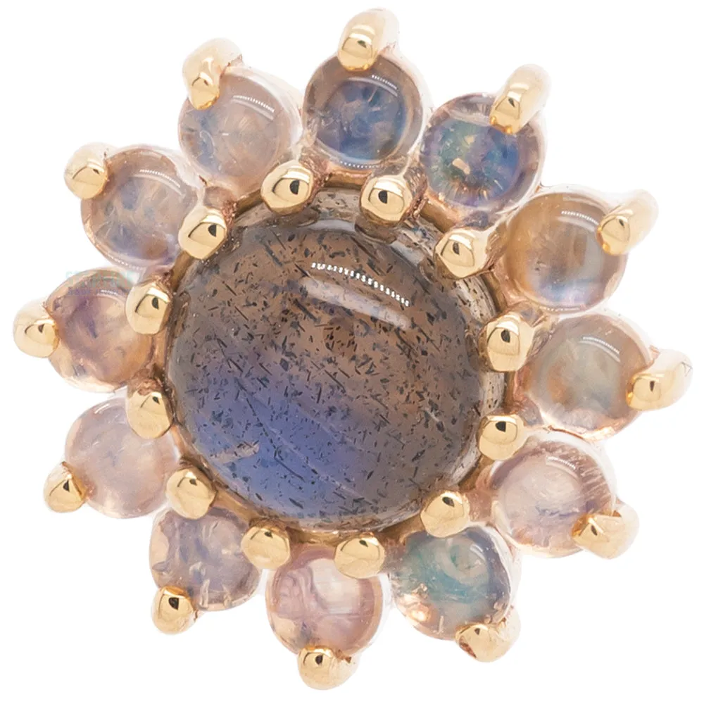 The Rose Threaded End in Gold with Labradorite Cabochon center & Rainbow Moonstone petals