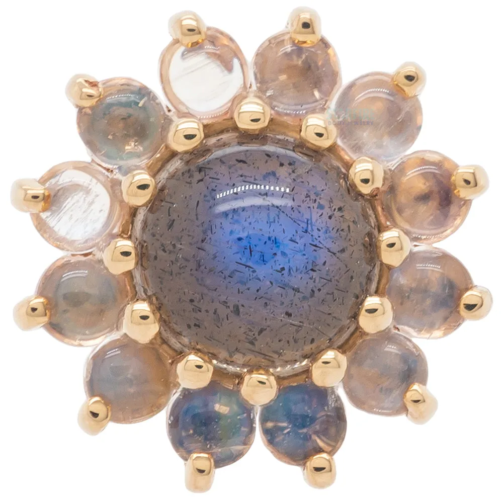 The Rose Threaded End in Gold with Labradorite Cabochon center & Rainbow Moonstone petals