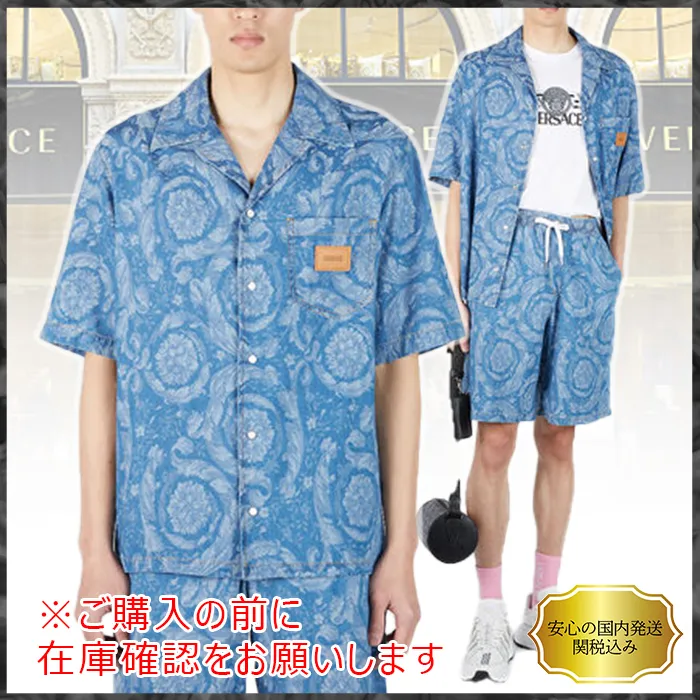 VERSACE  |Denim Street Style Cotton Short Sleeves Logo Luxury Shirts