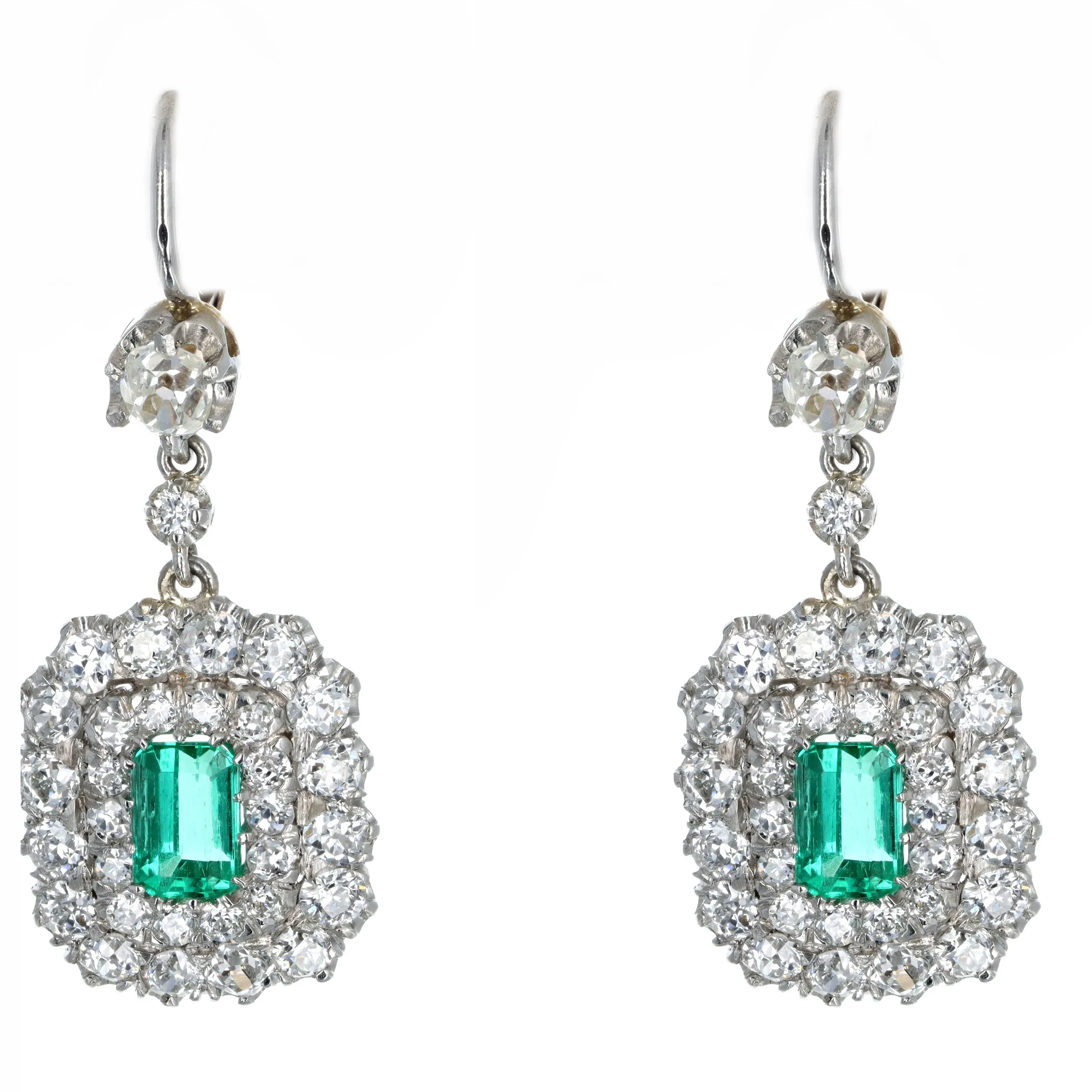 Victorian Inspired Natural Colombian Emerald Old European Diamond Drop Earrings Platinum 18K Yellow Gold