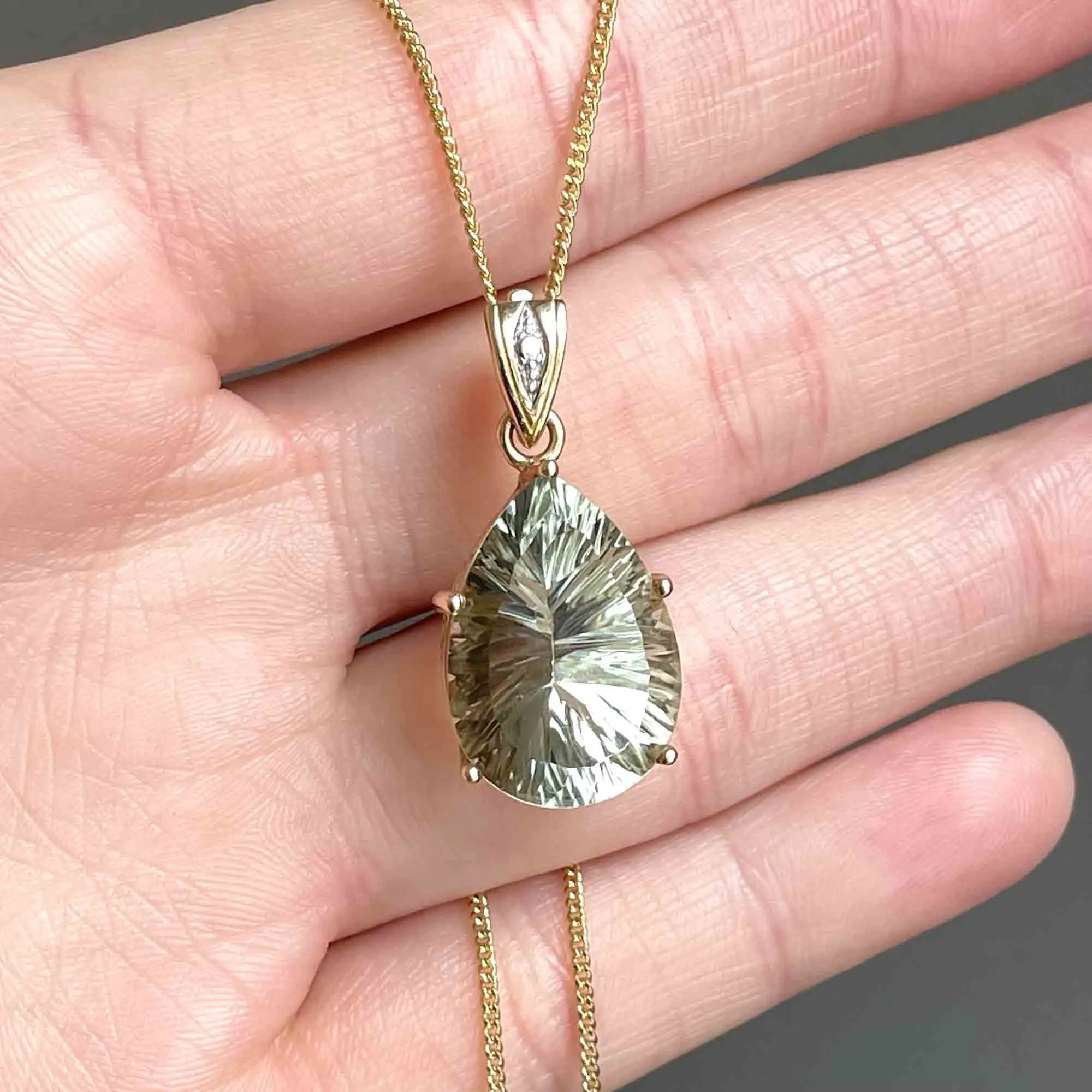 Vintage 10K Gold Pear Fancy Cut Prasiolite Pendant Necklace