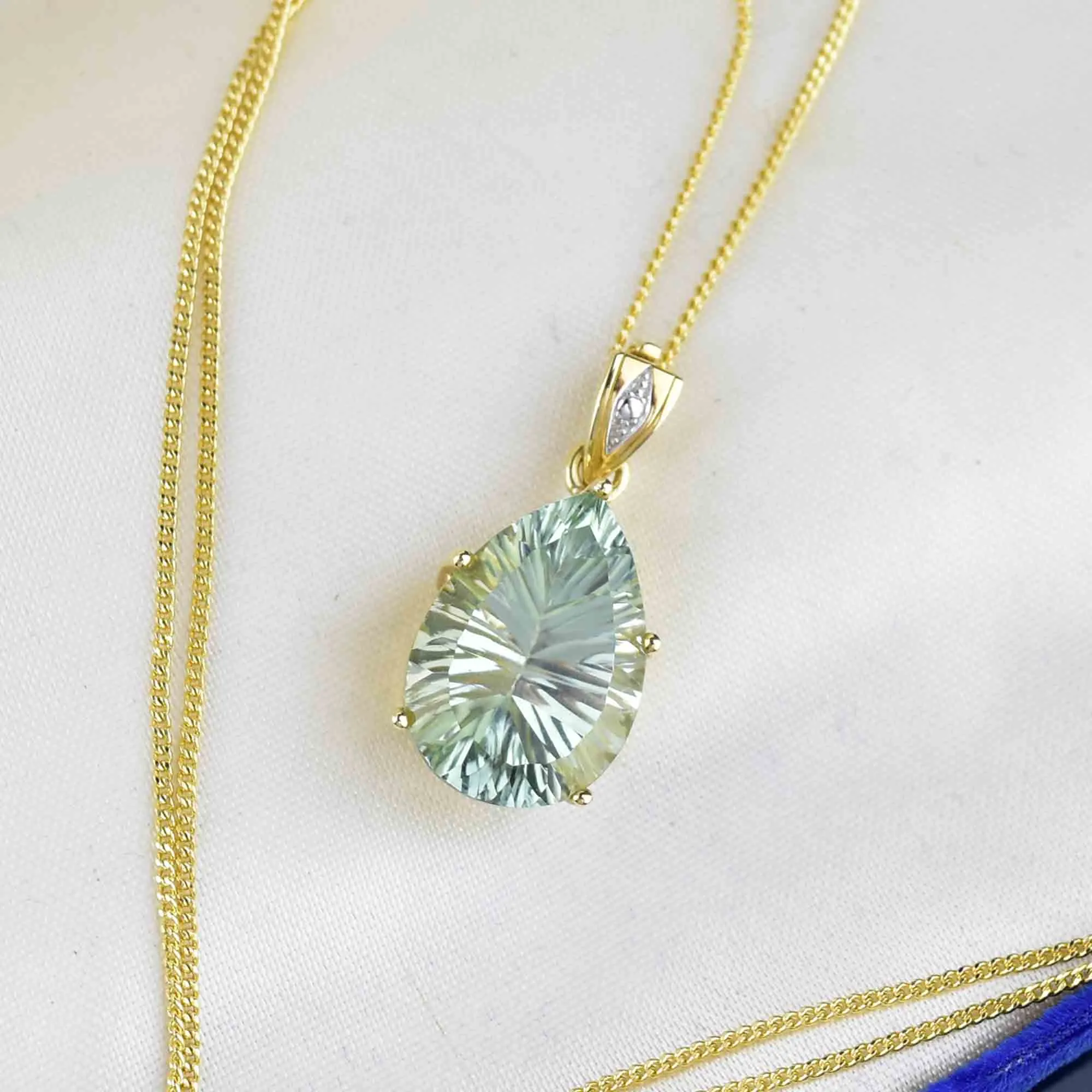 Vintage 10K Gold Pear Fancy Cut Prasiolite Pendant Necklace