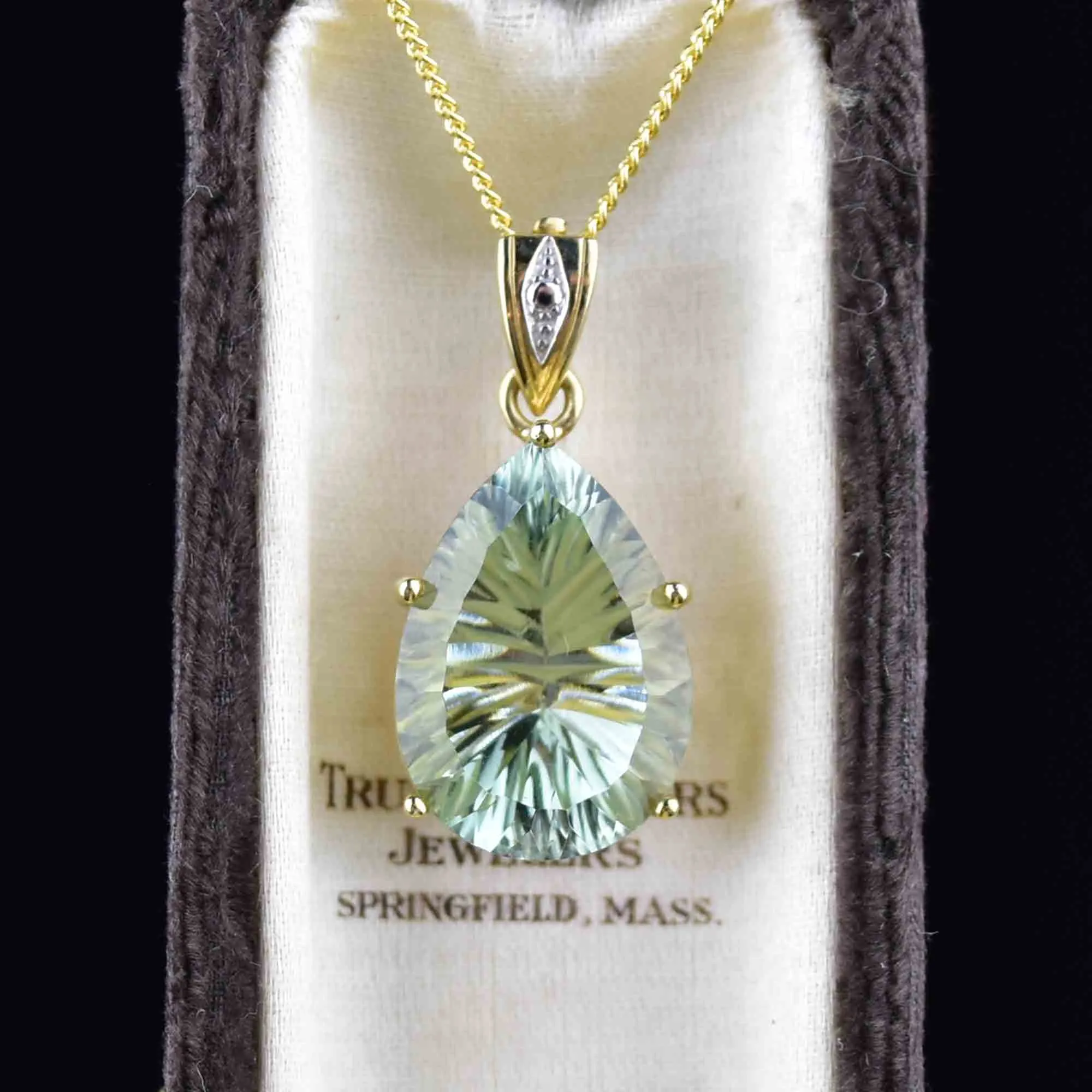 Vintage 10K Gold Pear Fancy Cut Prasiolite Pendant Necklace