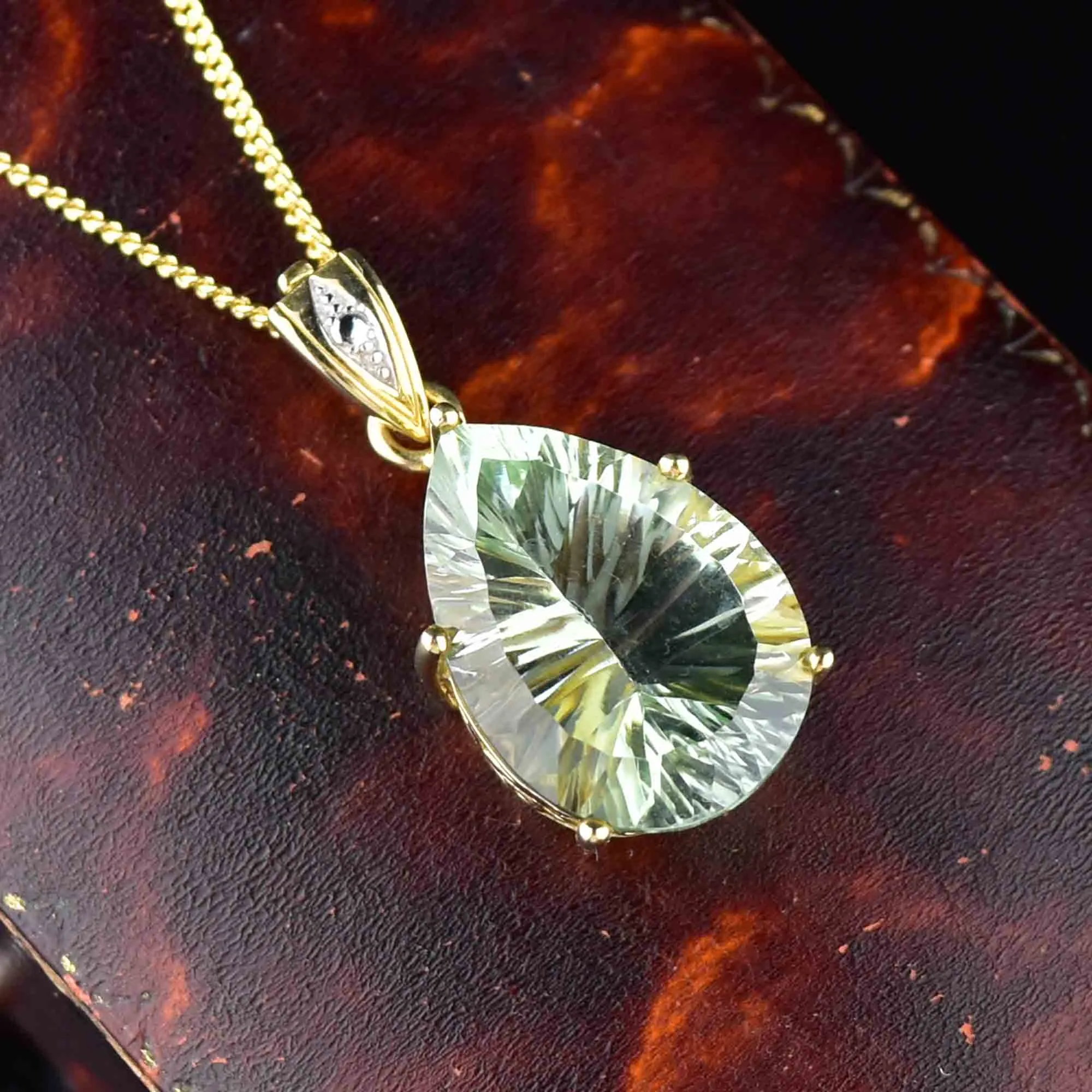 Vintage 10K Gold Pear Fancy Cut Prasiolite Pendant Necklace