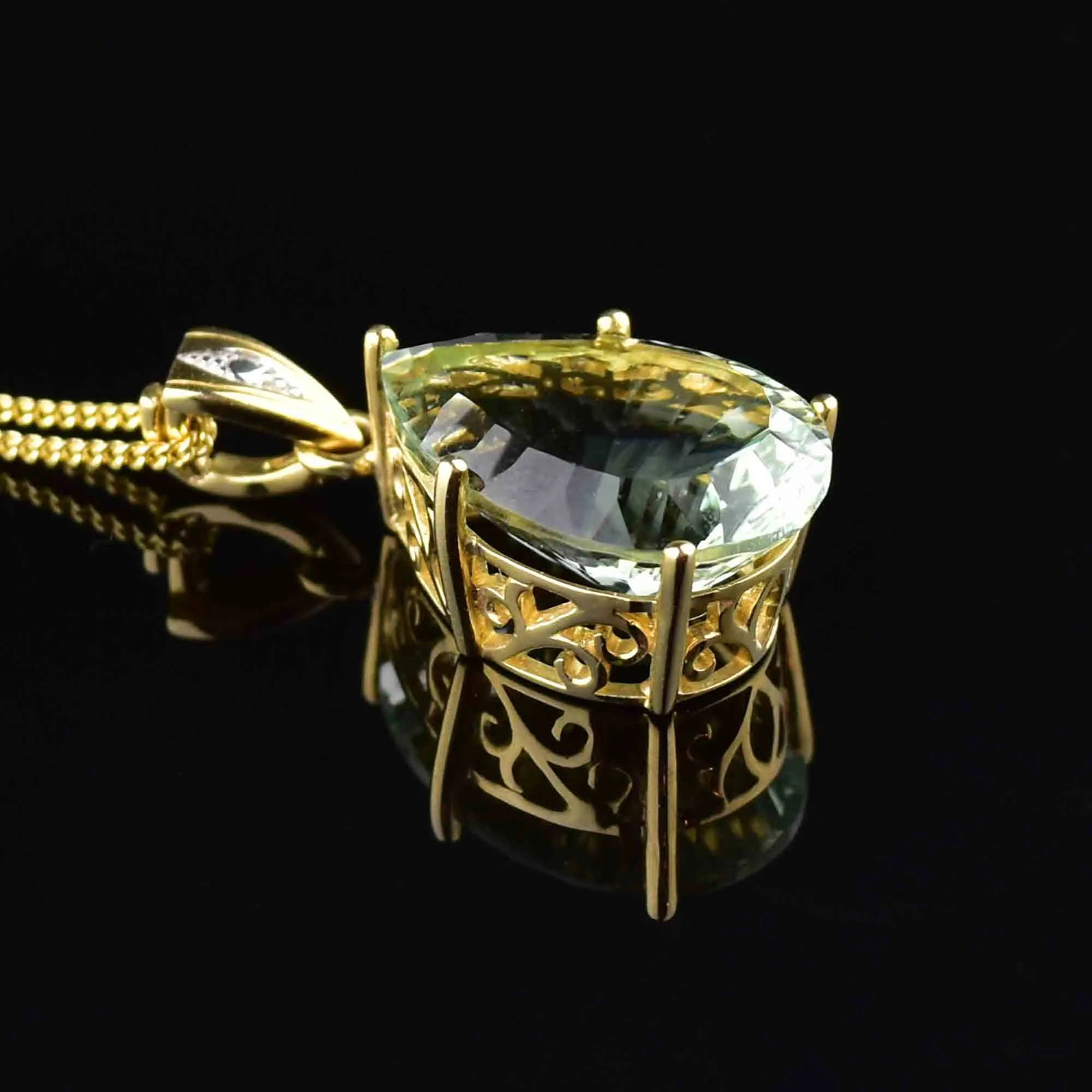 Vintage 10K Gold Pear Fancy Cut Prasiolite Pendant Necklace