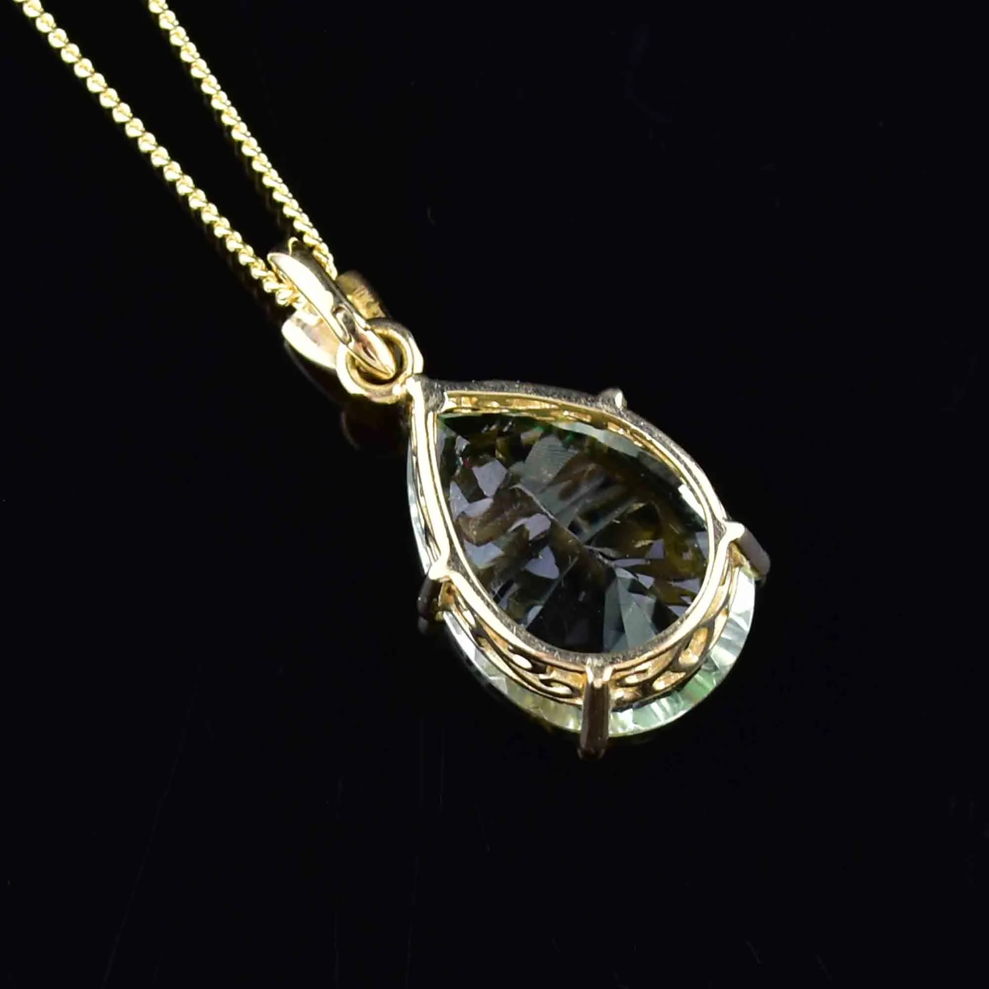 Vintage 10K Gold Pear Fancy Cut Prasiolite Pendant Necklace