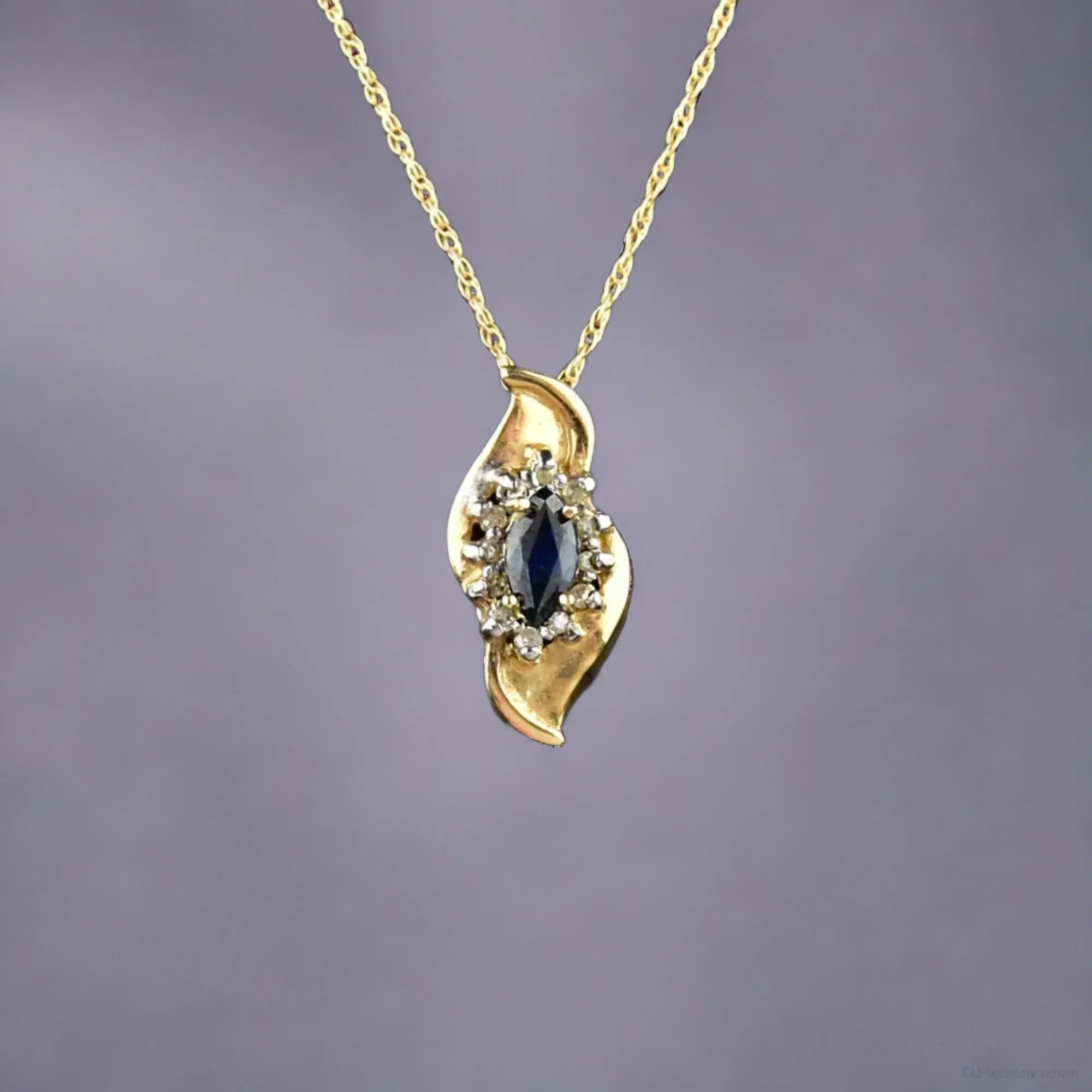 Vintage 10K Gold Sapphire Diamond Halo Pendant Necklace