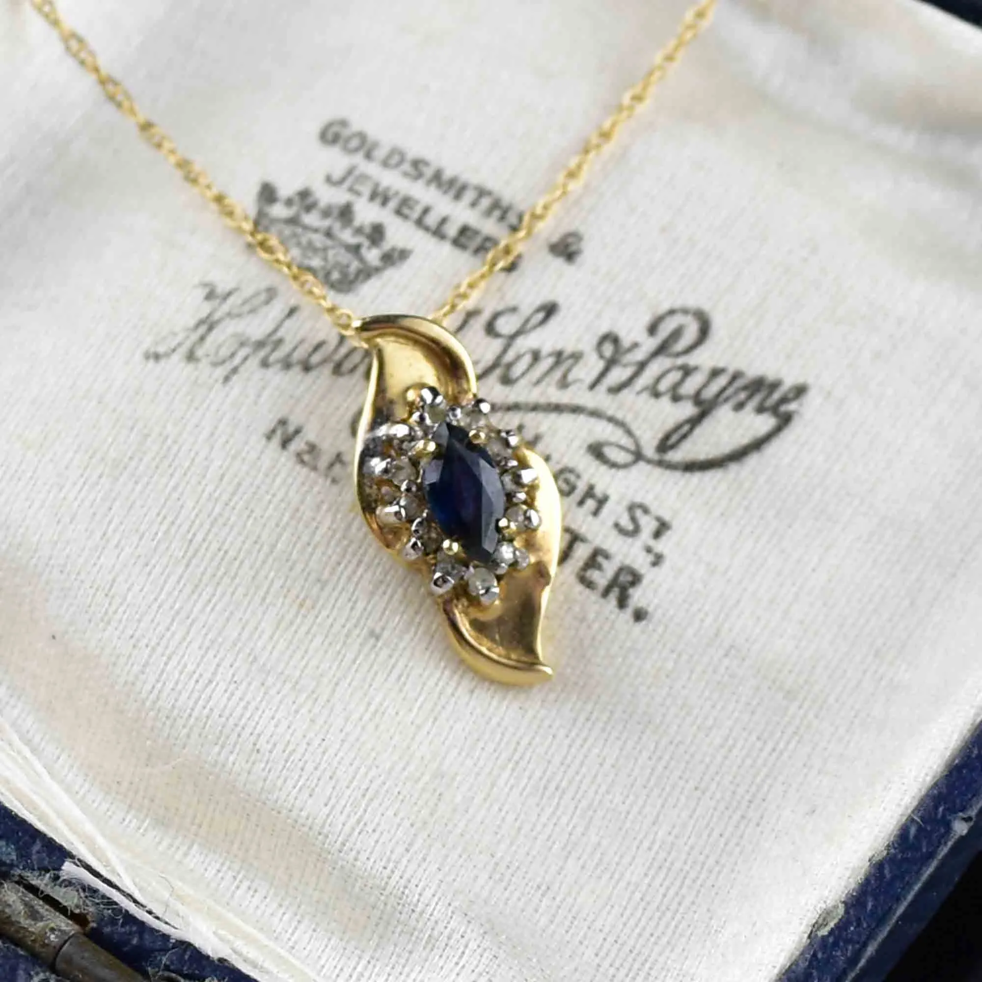 Vintage 10K Gold Sapphire Diamond Halo Pendant Necklace