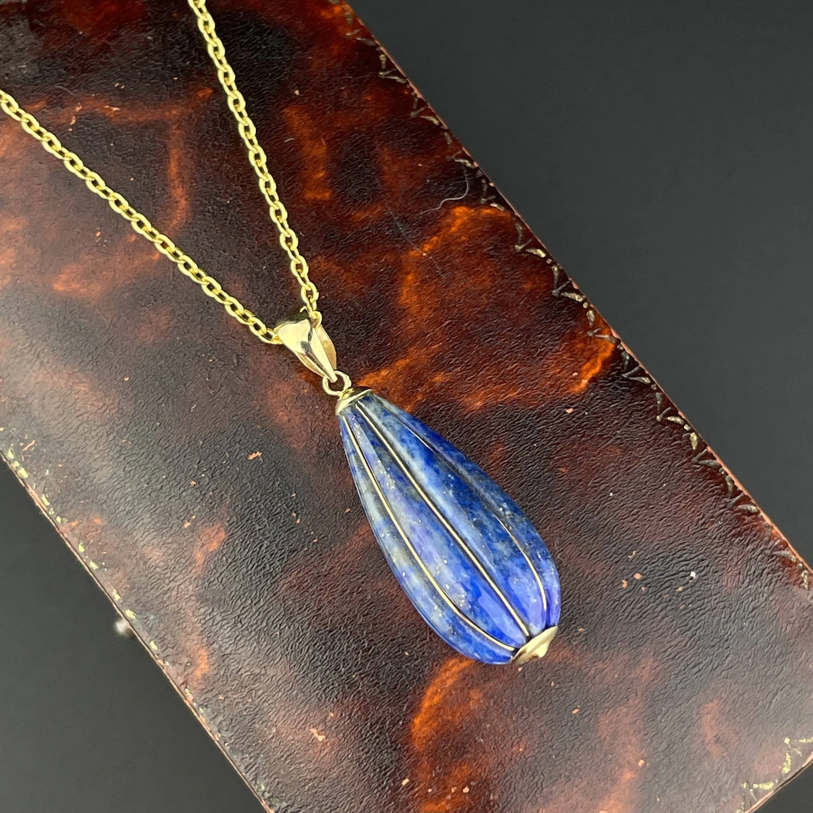 Vintage 14K Gold Lapis Lazuli Teardrop Pendant Necklace