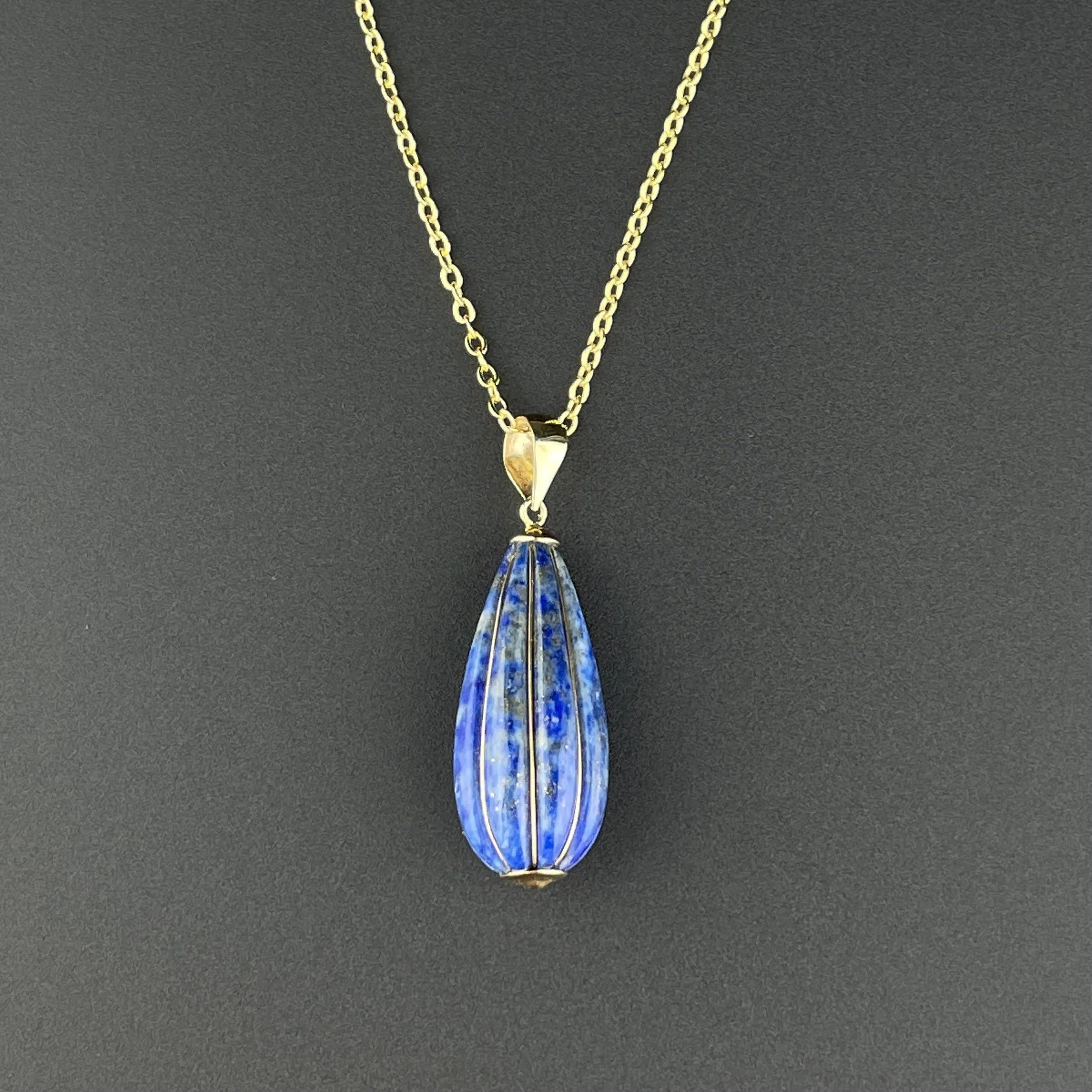 Vintage 14K Gold Lapis Lazuli Teardrop Pendant Necklace