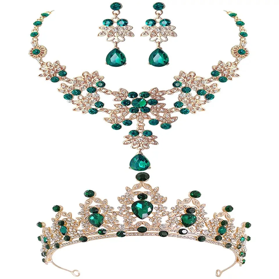 Women Style Gold Color Green Crystal Bridal Jewelry Sets Necklace Earrings