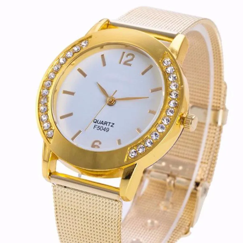 Women Watches Crystal Golden Rhinestone Stainless Steel Analog Quartz Dress Wrist Watch Bracelet Reloj