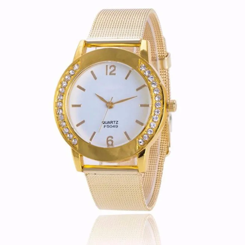 Women Watches Crystal Golden Rhinestone Stainless Steel Analog Quartz Dress Wrist Watch Bracelet Reloj