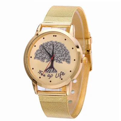 Women Watches Gold Stainless Steel Mesh Band Analog Quartz Wrist Watch Tree Pattern Clock Relogio Feminino